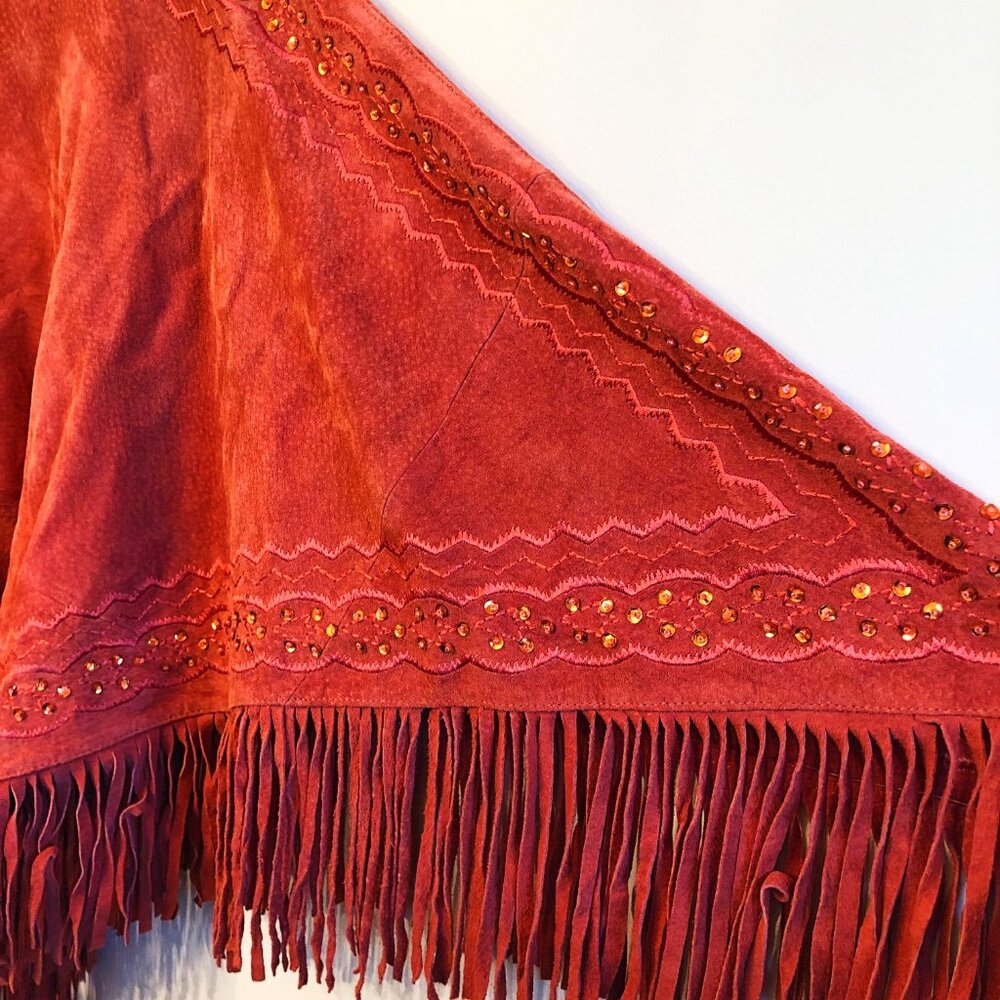 Western Boho Suede Leather Fringe Poncho Cape Rust Terracotta Newport News SM - Picture 10 of 13